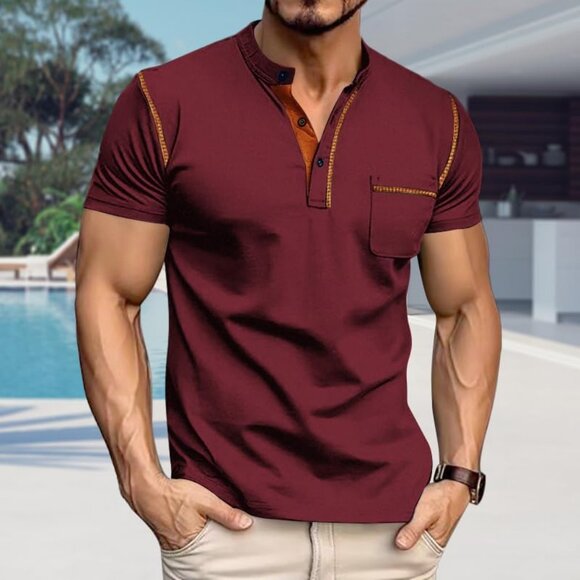 Mens Maroon Short Sleeve Henley T Shirt With Pocket And Stylish Trim Design - Picture 2 of 6